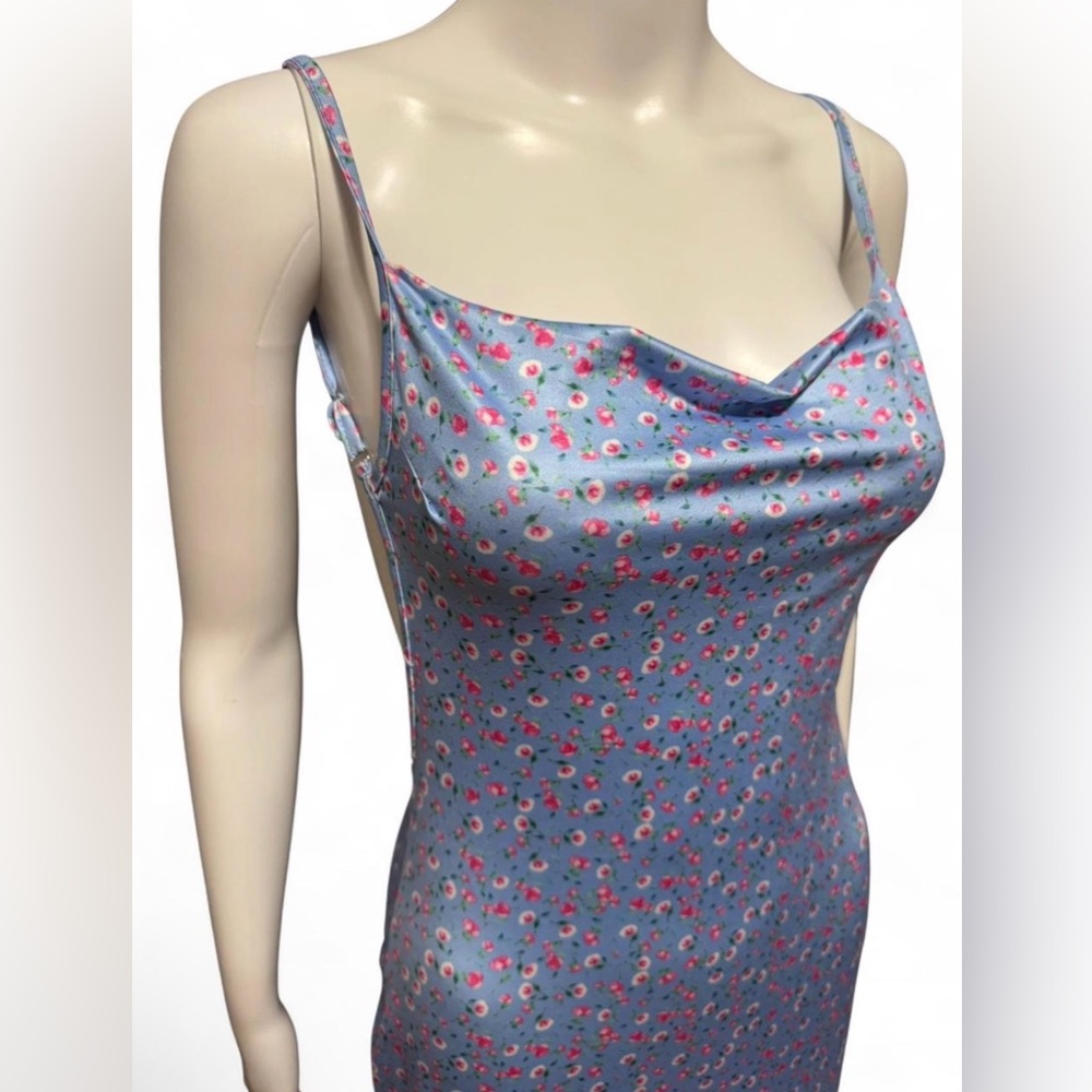 Amazon Light Blue Satin Slip Dress with Pink Rose Print